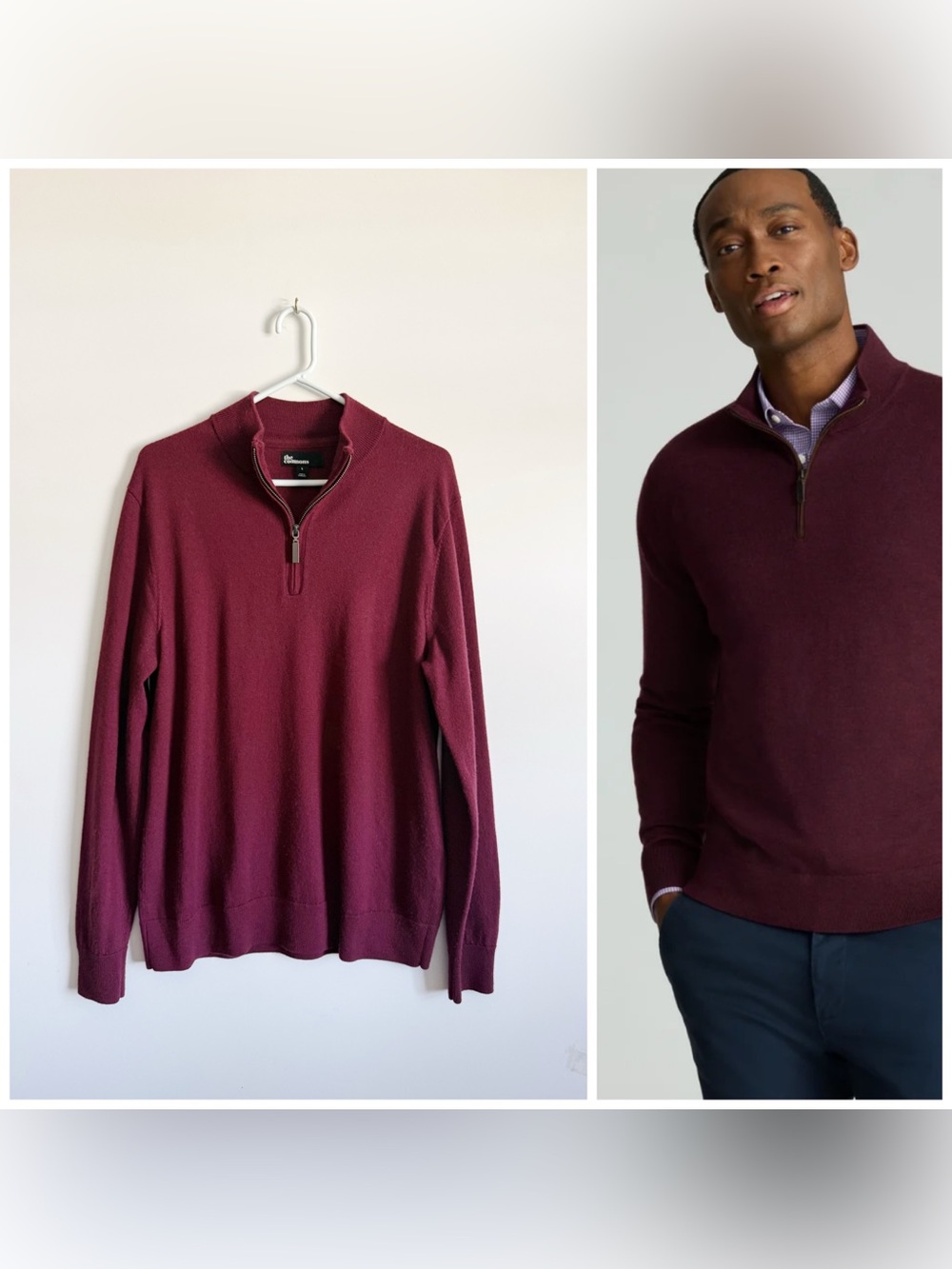 THE COMMONS Burgundy Red Merino Wool Quarter Zip Sweater Men’s Large